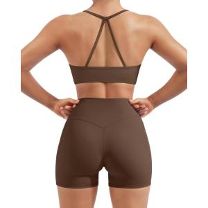 image:imageSUUKSESS Women 2 Piece Workout Sets Padded Halter Sports Bras High Waisted Biker Shorts with PocketsBrown