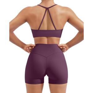 image:imageSUUKSESS Women 2 Piece Workout Sets Padded Halter Sports Bras High Waisted Biker Shorts with PocketsDeep Purple