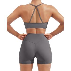 image:imageSUUKSESS Women 2 Piece Workout Sets Padded Halter Sports Bras High Waisted Biker Shorts with PocketsGray