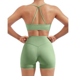 image:imageSUUKSESS Women 2 Piece Workout Sets Padded Halter Sports Bras High Waisted Biker Shorts with PocketsGreen