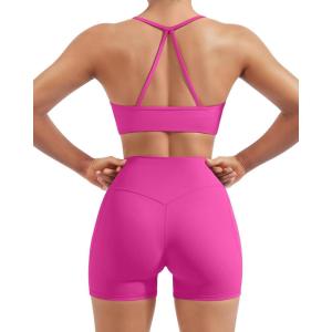 image:imageSUUKSESS Women 2 Piece Workout Sets Padded Halter Sports Bras High Waisted Biker Shorts with PocketsHot Pink