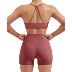 image:imageSUUKSESS Women 2 Piece Workout Sets Padded Halter Sports Bras High Waisted Biker Shorts with PocketsMaroon