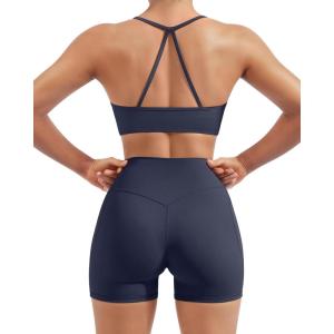 image:imageSUUKSESS Women 2 Piece Workout Sets Padded Halter Sports Bras High Waisted Biker Shorts with PocketsNavy Blue