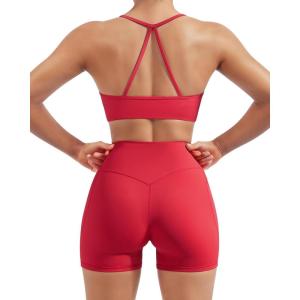 image:imageSUUKSESS Women 2 Piece Workout Sets Padded Halter Sports Bras High Waisted Biker Shorts with PocketsRed