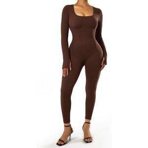 image:imageSUUKSESS Women Ribbed One Piece Jumpsuits Yoga Short Sleeve Workout JumpsuitsBrown