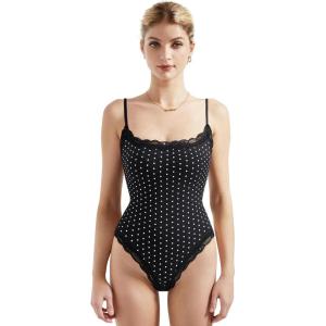 image:imageSUUKSESS Women Square Neck Lace Bodysuit Sleeveless Spaghetti Strap Tank TopBlack Polka Dot