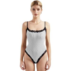 image:imageSUUKSESS Women Square Neck Lace Bodysuit Sleeveless Spaghetti Strap Tank TopWhite Polka Dots