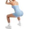 image:imageSUUKSESS Women 2 Piece Workout Sets High Waisted Tummy Control Biker Shorts Halter Padded Tank TopsColorblock Light Blue