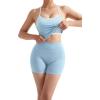 image:imageSUUKSESS Women 2 Piece Workout Sets High Waisted Tummy Control Biker Shorts Halter Padded Tank TopsColorblock Light Blue