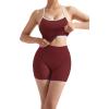 image:imageSUUKSESS Women 2 Piece Workout Sets High Waisted Tummy Control Biker Shorts Halter Padded Tank TopsColorblock Wine Red