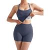 image:imageSUUKSESS Women 2 Piece Workout Sets High Waisted Tummy Control Biker Shorts Halter Padded Tank TopsNavy Blue