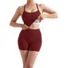 image:imageSUUKSESS Women 2 Piece Workout Sets High Waisted Tummy Control Biker Shorts Halter Padded Tank TopsWine Red