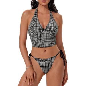 image:imageSUUKSESS Women Halter String Bikini Set Cheeky Thong Two Piece Bathing Suit209 Black White Gingham