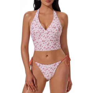 image:imageSUUKSESS Women Halter String Bikini Set Cheeky Thong Two Piece Bathing Suit210 Pink FloralRed White Polka Dots