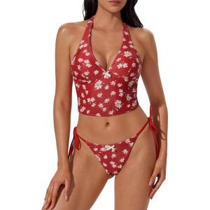 image:imageSUUKSESS Women Halter String Bikini Set Cheeky Thong Two Piece Bathing Suit210 Red White Floral