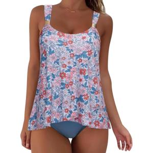 image:imageSUUKSESS Women Ruffle High Waisted Tankini Swimsuit Tummy Control Bathing Suit80 Floral Printed Blue