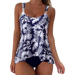 image:imageSUUKSESS Women Ruffle High Waisted Tankini Swimsuit Tummy Control Bathing Suit80 Navy Blue Floral