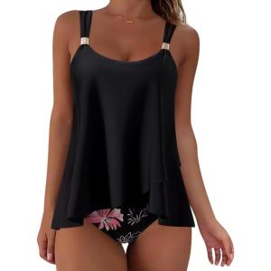 image:imageSUUKSESS Women Ruffle High Waisted Tankini Swimsuit Tummy Control Bathing Suit80 Retro Floral Black