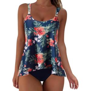image:imageSUUKSESS Women Ruffle High Waisted Tankini Swimsuit Tummy Control Bathing Suit80 Tropical Floral Navy Blue
