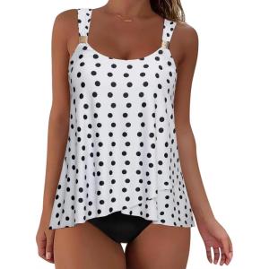 image:imageSUUKSESS Women Ruffle High Waisted Tankini Swimsuit Tummy Control Bathing Suit80 White Black Polka Dot