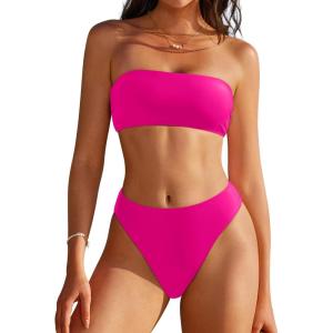 image:imageSUUKSESS Women Sexy High Waisted Bikini Set Cheeky 2 Piece Bandeau Bathing Suit205 Hot Pink