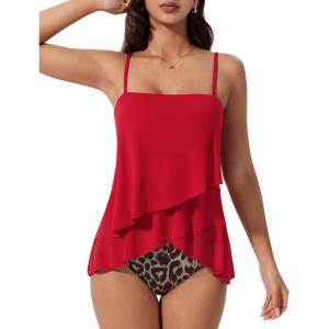 image:imageSUUKSESS Women Tummy Control Tankini Swimsuit Ruffle High Waisted Bathing Suit186 Red Leopard