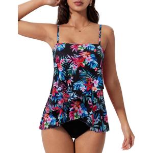 image:imageSUUKSESS Women Tummy Control Tankini Swimsuit Ruffle High Waisted Bathing Suit186 Retro Floral Black