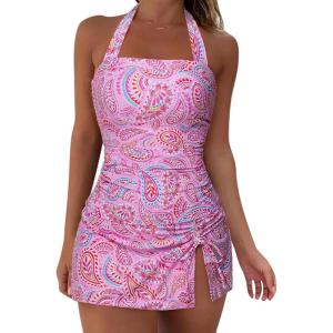 image:imageSUUKSESS Women Tummy Control Tankini Swimsuits with Skirt Backless Bathing SuitPink Paisley