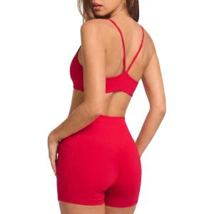 image:imageSUUKSESS Women 2 Piece Workout Sets Padded Sports Bra High Waisted Shorts With Pockets04 Red