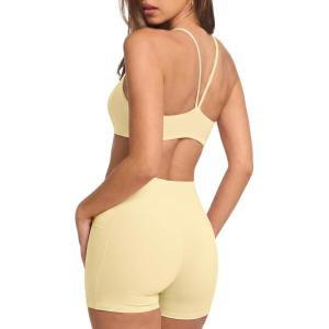image:imageSUUKSESS Women 2 Piece Workout Sets Padded Sports Bra High Waisted Shorts With Pockets05 Yellow