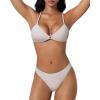 image:imageSUUKSESS Women High Waisted Triangle Bikini Sets Textured O Ring 2 Piece Swimsuit178 Beige White