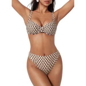 image:imageSUUKSESS Women Color Block Underwire Bikini Sets Cheeky High Cut 2 Piece SwimsuitBrown Geometry