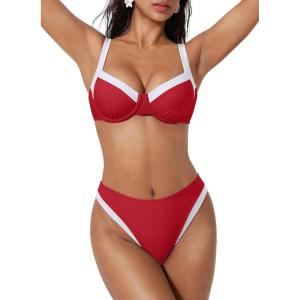 image:imageSUUKSESS Women Color Block Underwire Bikini Sets Cheeky High Cut 2 Piece SwimsuitRed White