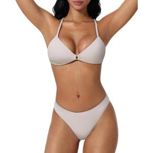 image:imageSUUKSESS Women High Waisted Triangle Bikini Sets Textured O Ring 2 Piece Swimsuit178 Beige White