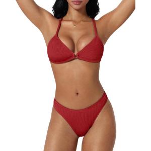 image:imageSUUKSESS Women High Waisted Triangle Bikini Sets Textured O Ring 2 Piece Swimsuit178 Red