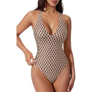 image:imageSUUKSESS Women Sexy Low Back One Piece Swimsuit Slimming Tummy Control Bathing Suit180 Brown Color Block