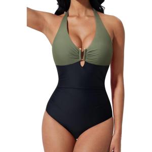 image:imageSUUKSESS Women Sexy Tummy Control One Piece Swimsuits Halter UWire Bathing SuitArmy Green Black