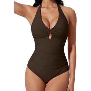 image:imageSUUKSESS Women Sexy Tummy Control One Piece Swimsuits Halter UWire Bathing SuitDeep Brown