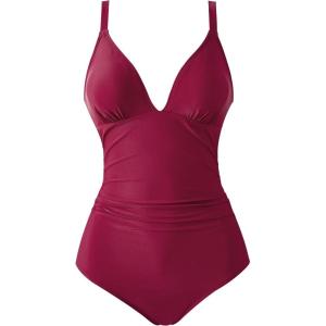 image:imageSUUKSESS Women Tummy Control One Piece Swimsuit Sexy V Neck Push Up Bathing SuitWine Red