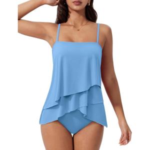 image:imageSUUKSESS Women Tummy Control Tankini Swimsuit Ruffle High Waisted Bathing Suit186 Sky Blue