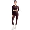 image:imageSUUKSESS Women 2 Piece Workout Sets Hidden Scrunch Hip Lifting Seamless Leggings Long Sleeve Yoga Crop TopsEspresso