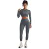 image:imageSUUKSESS Women 2 Piece Workout Sets Hidden Scrunch Hip Lifting Seamless Leggings Long Sleeve Yoga Crop TopsGray