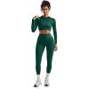 image:imageSUUKSESS Women 2 Piece Workout Sets Hidden Scrunch Hip Lifting Seamless Leggings Long Sleeve Yoga Crop TopsGreen