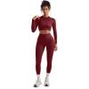 image:imageSUUKSESS Women 2 Piece Workout Sets Hidden Scrunch Hip Lifting Seamless Leggings Long Sleeve Yoga Crop TopsWine Red