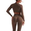 image:imageSUUKSESS Women 2 Piece Workout Sets Hidden Scrunch Hip Lifting Seamless Leggings Long Sleeve Yoga Crop TopsBrown
