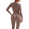 image:imageSUUKSESS Women 2 Piece Workout Sets Hidden Scrunch Hip Lifting Seamless Leggings Long Sleeve Yoga Crop TopsCamel