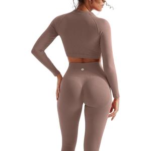 image:imageSUUKSESS Women 2 Piece Workout Sets Hidden Scrunch Hip Lifting Seamless Leggings Long Sleeve Yoga Crop TopsCamel