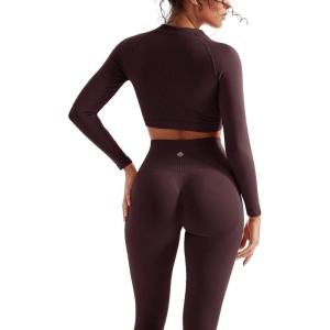 image:imageSUUKSESS Women 2 Piece Workout Sets Hidden Scrunch Hip Lifting Seamless Leggings Long Sleeve Yoga Crop TopsEspresso