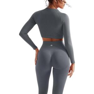 image:imageSUUKSESS Women 2 Piece Workout Sets Hidden Scrunch Hip Lifting Seamless Leggings Long Sleeve Yoga Crop TopsGray
