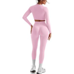 image:imageSUUKSESS Women 2 Piece Workout Sets Hidden Scrunch Hip Lifting Seamless Leggings Long Sleeve Yoga Crop TopsLight Pink